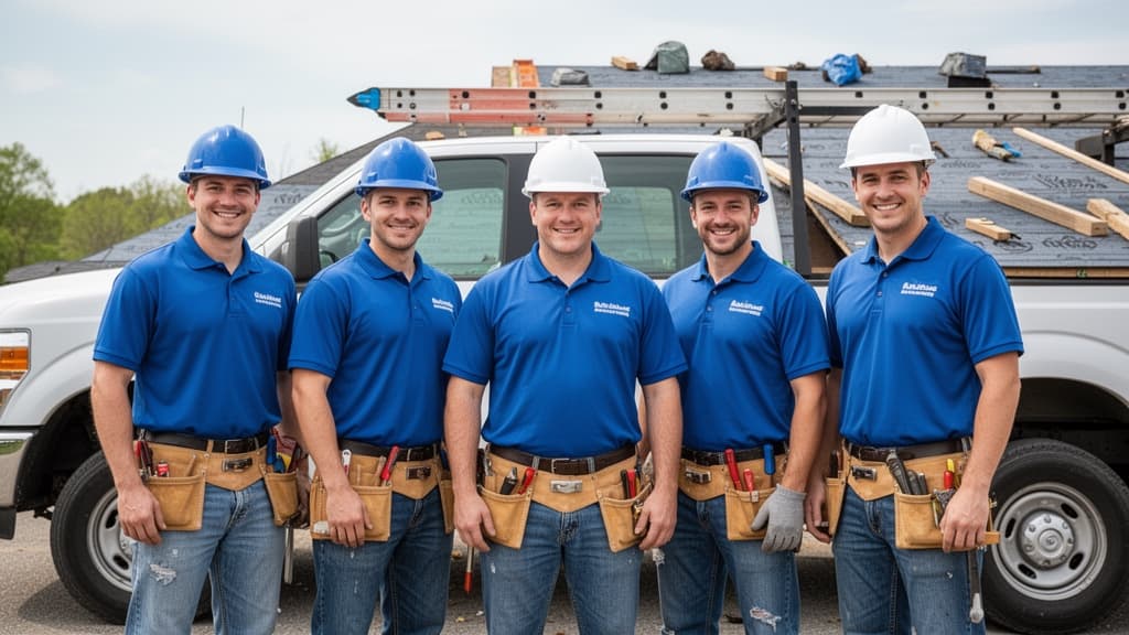 Primary Roofing professional team standing in front of a work truck